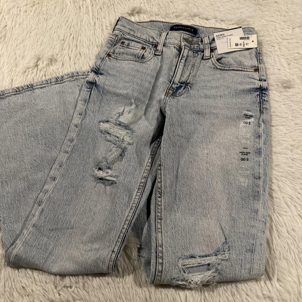 Aeropostale womens High Rise Flare 00S stretch acidwash distressed NWT